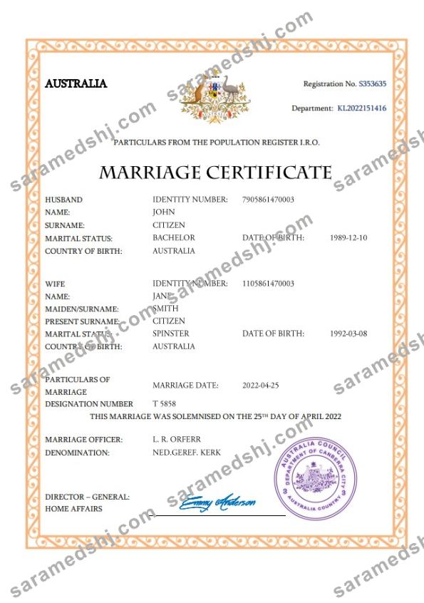 Australia marriage certificate Word and PDF template